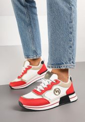 Biało-Czerwone Sneakersy Ozdobione Metaliczną Aplikacją Zolamira. Białe obuwie sportowe damskie Born2be, na jesień, z jeansu, bez zapięcia. Za 99.99 zł.