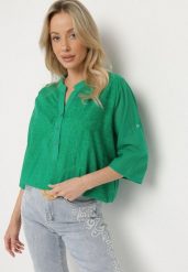 Zielona Haftowana Koszula z Bawełny z Podwijanymi Rękawami Aradwena. Zielone koszule damskie Born2be, l, bez wzorów, z bawełny, eleganckie, bez kołnierzyka, bez ramiączek. Za 64.99 zł.