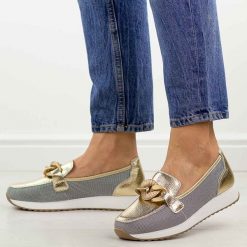 Złote skórzane półbuty damskie Dia 7045. Żółte półbuty damskie DiA, na jesień, bez wzorów, z jeansu, z okrągłym noskiem, bez obcasa, na płaskiej podeszwie, bez zapięcia. Za 299.00 zł.