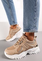 Ciemnobeżowe Płaskie Sneakersy na Grubej Podeszwie z Kolorowymi Wstawkami i Metalową Ozdobą Paussa. Brązowe obuwie sportowe damskie Renee, na lato, bez zapięcia. Za 89.99 zł.