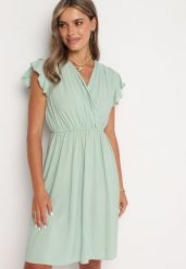 Miętowa Rozkloszowana Sukienka z Gumką w Pasie i Falbanką przy Rękawach Walvia. Zielone sukienki damskie Born2be, bez wzorów, eleganckie, bez ramiączek. Za 59.99 zł.