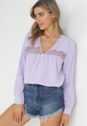 Fioletowa Bluzka z Haftem Destyn. Fioletowe bluzki damskie Born2be, m, bez wzorów, z koronki, bez kołnierzyka, bez ramiączek. Za 139.99 zł.