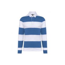 Koszulka polo w paski, długi rękaw Kariban. Niebieskie bluzki damskie KARIBAN, bez wzorów, eleganckie, bez kołnierzyka, bez ramiączek. Za 217.50 zł.