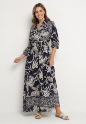 Niebieska Sukienka Koszulowa Ozdobiona Egzotycznym Wzorem z Wiskozy Merasitia. Niebieskie sukienki damskie Born2be, z aplikacjami, z jeansu, eleganckie, bez ramiączek. W wyprzedaży za 110.49 zł.