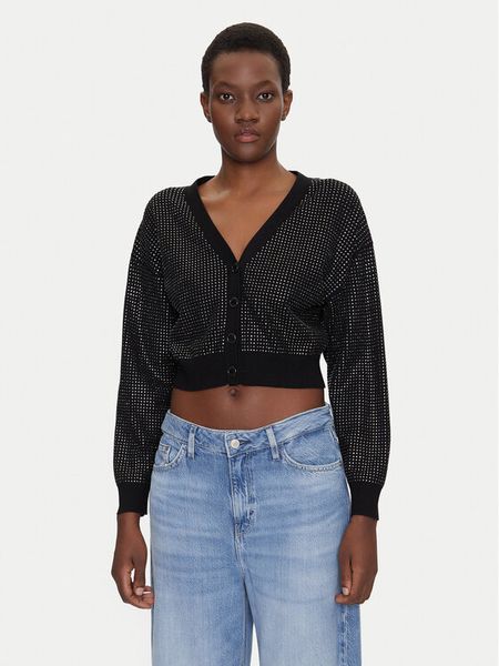 Guess Kardigan W5GR08 Z3MN2 Czarny Regular Fit. Czarne kardigany damskie Guess, xxl, z aplikacjami, z syntetyku. Za 299.99 zł.
