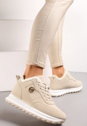 Beżowe Ocieplane Sneakersy na Platformie Appopis. Brązowe obuwie sportowe damskie Renee, z jeansu, bez zapięcia. Za 109.99 zł.