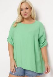 Zielony Wiskozowy T-shirt Koszulka z Krótkim Rękawem Podwijanym i Haftem na Plecach Mleoria. Zielone bluzki damskie Born2be, bez wzorów, z wiskozy, bez kołnierzyka. Za 79.99 zł.