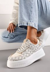 Biało-Szare Sneakersy na Platformie z Geometrycznym Wzorem Xyphera. Białe obuwie sportowe damskie Renee, bez zapięcia. Za 99.99 zł.