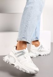 Białe Sznurowane Sneakersy na Grubej Podeszwie ze Wstawkami i Brokatem Widgeta. Białe obuwie sportowe damskie Renee, bez zapięcia. Za 89.99 zł.