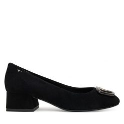 Półbuty Tamaris. Czarne czółenka damskie Tamaris, bez wzorów, bez obcasa, na obcasie. Za 269.99 zł.