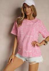 Różowy Bawełniany T-shirt o Kroju Oversize z Ozdobnym Nadrukiem Aveneli. Czerwone t-shirty damskie Renee, m, z aplikacjami, z bawełny, bez kołnierzyka. Za 39.99 zł.