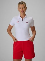 4F Koszulka kibica polo damska - biała M. Białe bluzki damskie 4F, m, bez wzorów, z materiału, bez kołnierzyka, bez ramiączek. Za 99.99 zł.