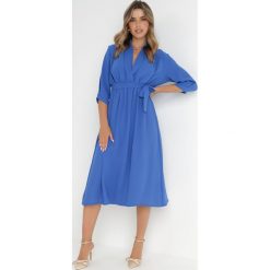 Niebieska Sukienka Rheniolea. Niebieskie sukienki damskie Born2be, bez wzorów, eleganckie, bez ramiączek. W wyprzedaży za 67.99 zł.