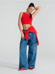 Jeansy cargo wide leg - granatowy. Niebieskie jeansy damskie Sinsay. W wyprzedaży za 39.99 zł.