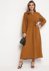 Brązowa Rozkloszowana Sukienka Maxi z Plisowanym Dołem i Wiązanym Paskiem Nollira. Brązowe sukienki damskie Born2be, bez wzorów, eleganckie, bez ramiączek. W wyprzedaży za 110.49 zł.