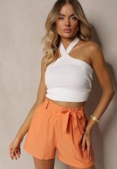 Pomarańczowe Szorty Bermudy High Waist z Dodatkiem Bawełny Wiązane w Pasie Quisevia. Brązowe szorty damskie Renee, bez wzorów, z bawełny, z podwyższonym stanem. Za 39.99 zł.