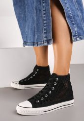 Czarne Trampki z Wysoką Cholewką Ozdobione Perforacją Velagia. Czarne trampki damskie Born2be, bez wzorów, przed kolano, bez zapięcia. Za 19.99 zł.