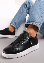 Czarne Wiązane Sneakersy przed Kostkę z Ozdobnym Suwakiem i Naszywką Hypatha. Czarne obuwie sportowe damskie Renee, przed kostkę, bez zapięcia. Za 49.99 zł.