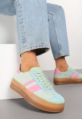 Jasnozielone Sneakersy na Płaskiej Podeszwie z Ozdobnymi Paskami Velali. Zielone obuwie sportowe damskie Renee, z jeansu, bez zapięcia, tenisowe. Za 99.99 zł.