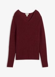 Sweter z prążkowanej dzianiny z czystej bawełny organicznej. Czerwone swetry klasyczne damskie bonprix, z bawełny, bez kołnierzyka. Za 99.99 zł.