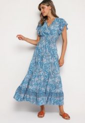 Niebieska Rozkloszowana Kopertowa Sukienka z Bawełny o Wzorze Paisley z Gumką w Talii Zonne. Niebieskie sukienki damskie Born2be, bez wzorów, z bawełny, eleganckie, bez ramiączek. Za 89.99 zł.