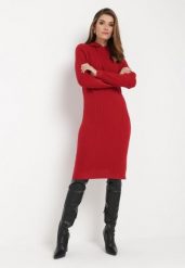 Bordowa Wełniana Sukienka z Kapturem w Prążki Tyrwe. Czerwone sukienki damskie Born2be, bez wzorów, z jeansu, eleganckie, bez ramiączek. Za 109.99 zł.