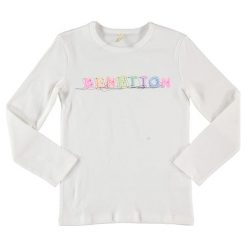 Koszulka w kolorze białym. Białe t-shirty i koszulki chłopięce Benetton Kids, z nadrukiem, z bawełny, z okrągłym kołnierzem, z długim rękawem. W wyprzedaży za 17.95 zł.