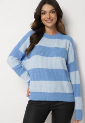 Niebieski Sweter w Pasy z Wełną Zakończony Ściągaczem Tiaelle. Niebieskie swetry klasyczne damskie Born2be, z wełny, bez kołnierzyka. Za 129.99 zł.
