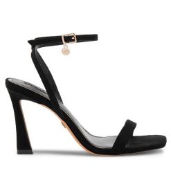 Sandały Nine West. Czarne sandały damskie Nine West, bez wzorów, bez obcasa, na słupku, bez zapięcia. Za 137.99 zł.