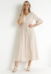 Beżowa Wiskozowa Sukienka Maxi z Ozdobnym Dekoltem i Gumką w Pasie Latava. Brązowe sukienki damskie Born2be, bez wzorów, z wiskozy, bez ramiączek. Za 119.99 zł.