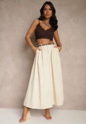 Jasnobeżowa Rozkloszowana Spódnica z Paskiem i Kieszeniami Vikaritte. Brązowe spódnice damskie Renee, na co dzień, l, bez wzorów, eleganckie, maxi. Za 119.99 zł.