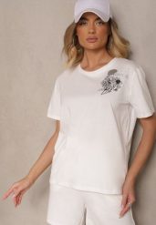 Biały Bawełniany T-shirt z Ozdobnym Nadrukiem i Cyrkoniami Teomala. Białe t-shirty damskie Renee, l, bez wzorów, z bawełny, bez kołnierzyka. Za 34.99 zł.