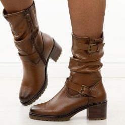Brązowe wyższe botki damskie Potocki 12706. Brązowe botki damskie POTOCKI, na jesień, z jeansu, eleganckie, z okrągłym noskiem, bez obcasa, bez zapięcia. Za 239.00 zł.