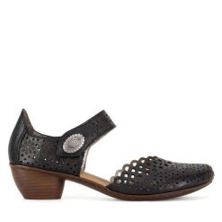 Półbuty Rieker. Czarne czółenka damskie Rieker, bez wzorów, bez obcasa, na obcasie, bez zapięcia. Za 319.99 zł.