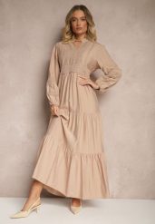 Beżowa Rozkloszowana Sukienka z Wiskozy w Stylu Boho z Koronką i Gumką Gonalien. Brązowe sukienki damskie Renee, bez wzorów, z koronki, boho, bez ramiączek. W wyprzedaży za 111.99 zł.