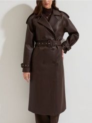 Trencz z imitacji skóry z paskiem - brązowy. Brązowe płaszcze damskie Sinsay, l, bez wzorów, ze skóry, bez kaptura. Za 139.99 zł.