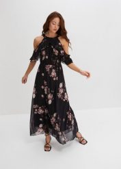 Długa sukienka z siateczki. Czarne sukienki damskie bonprix, bez wzorów, bez ramiączek. Za 147.99 zł.
