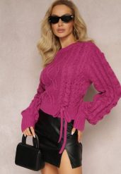 Ciemnofioletowy Sweter z Ozdobnym Sznurowaniem na Dole i Ściągaczami Miritu. Fioletowe swetry klasyczne damskie Renee, z wiskozy, bez kołnierzyka. Za 129.99 zł.