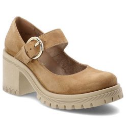 Półbuty damskie Armodo, cholewka ze skóry naturalnej zamszowej pasek z regulacją na metalową klamrę zabudowany przód na wysokim obcasie, brązowe, 201. Brązowe półbuty damskie Armodo, bez wzorów, ze skóry, bez obcasa, bez zapięcia. Za 359.00 zł.