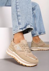 Ciemnobeżowe Sneakersy na Grubej Podeszwie Ozdobione Sercem i Metalicznymi Wstawkami Verioras. Brązowe obuwie sportowe damskie Born2be, z jeansu, bez zapięcia. Za 109.99 zł.