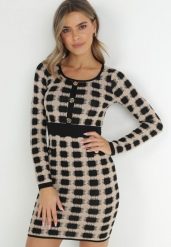 Beżowa Dzianinowa Sukienka w Geometryczny Wzór z Metaliczną Nitką Bolla. Brązowe sukienki damskie Born2be, z aplikacjami, z dzianiny, bez ramiączek. Za 39.99 zł.