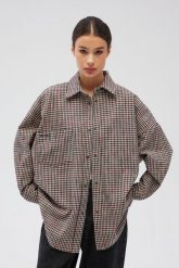 Koszula w drobną kratkę z HAFTEM - RENO-S/M. Koszule damskie Marsala, m, bez wzorów, klasyczne, bez kołnierzyka, bez ramiączek. Za 399.90 zł.