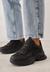 Czarne Sneakersy na Grubej Podeszwie z Koronkowymi Wstawkami i Cyrkoniami Sephialle. Czarne obuwie sportowe damskie Born2be, z dresówki, bez zapięcia, trekkingowe. Za 89.99 zł.