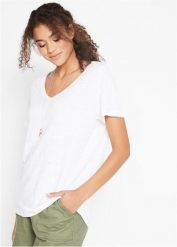 T-shirt z czystego lnu. Białe t-shirty damskie bonprix, bez wzorów, ze lnu, bez kołnierzyka. Za 109.99 zł.