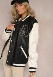 Czarna Kurtka Bomberka z Naszywką z Połączenia Ekoskóry i Dzianiny Firrina. Czarne kurtki sportowe damskie Renee, xl, z aplikacjami, z dzianiny, bez kaptura. Za 139.99 zł.
