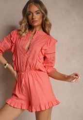 Pomarańczowy Wiskozowy Kombinezon z Lnem w Rustykalnym Stylu z Koronką i Falbanami Linulia. Brązowe sukienki damskie Renee, z aplikacjami, z koronki, eleganckie, bez ramiączek. W wyprzedaży za 143.99 zł.