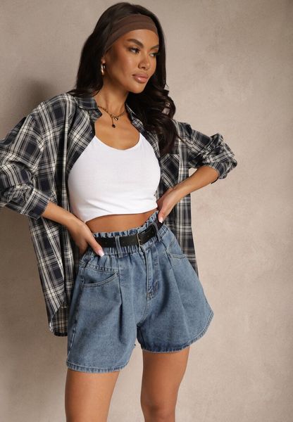 Niebieskie Szorty Jeansowe z Gumką w Talii i Paskiem Zdobione Przeszyciami Alanissa. Niebieskie szorty damskie Renee, z aplikacjami, z jeansu, z podwyższonym stanem. Za 109.99 zł.