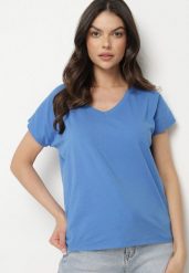 Niebieski Bawełniany T-shirt z Trójkątnym Dekoltem Linarosea. Niebieskie t-shirty damskie Born2be, s, bez wzorów, z bawełny, bez kołnierzyka. Za 39.99 zł.