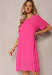 Fuksjowa Plisowana Sukienka o Rozkloszowanym Kroju Orxiala. Czerwone sukienki damskie Renee, bez wzorów, eleganckie, bez ramiączek. W wyprzedaży za 63.99 zł.