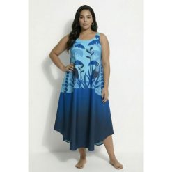 Damskie Sukienka midi tukan krój trapezowy okrągły dekolt bez rękawów. Niebieskie sukienki damskie Ulla Popken, bez wzorów, z materiału, sportowe, bez ramiączek. Za 279.99 zł.